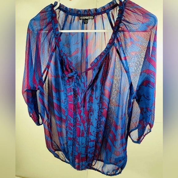 Express Blue & Magenta Sheer Abstract Peasant Blouse Size M – Boho Chic Flow Top - Picture 1 of 9